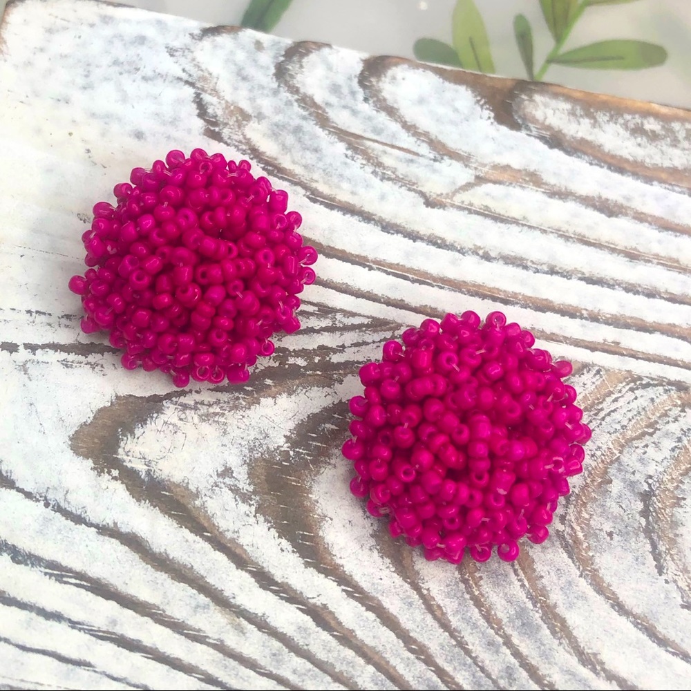 Hot Pink Weaved Beaded Round Bohemian Earrings
